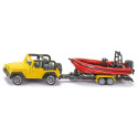 Juguete Jeep Wrangler a escala 1:87 con remolque y lancha motora flotante Siku