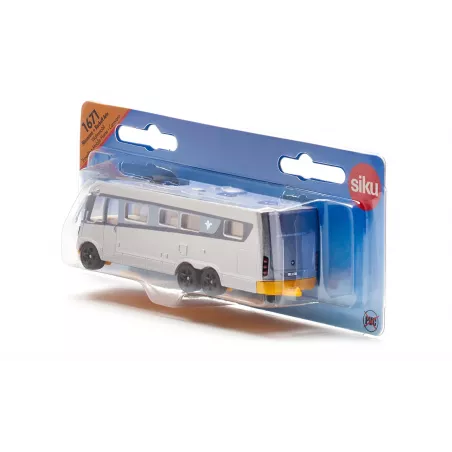 Autobús de juguete de metal y plástico con sistema de acoplamiento y detalles realistas.