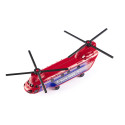 Helicóptero de transporte de juguete detallado con piezas de metal y plástico resistente.