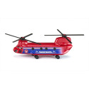 Helicóptero de transporte de juguete detallado con piezas de metal y plástico resistente.
