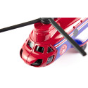 Helicóptero de transporte de juguete detallado con piezas de metal y plástico resistente.