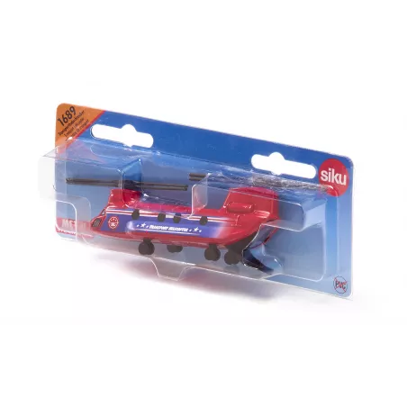 Helicóptero de transporte de juguete detallado con piezas de metal y plástico resistente.