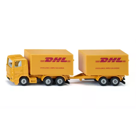 Camión de juguete DHL amarillo con remolque acoplable de metal y plástico