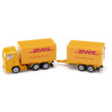 Camión de juguete DHL amarillo con remolque acoplable de metal y plástico