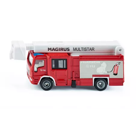 Camión de bomberos de juguete Magirus Multistar TLF en metal y plástico con patas de apoyo.