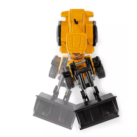 Cargadora de ruedas JCB 457 WLS de juguete en metal y plástico con pala móvil y cargador frontal elevable.