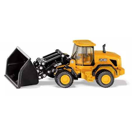 Cargadora de ruedas JCB 457 WLS de juguete en metal y plástico con pala móvil y cargador frontal elevable.