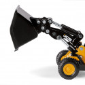 Cargadora de ruedas JCB 457 WLS de juguete en metal y plástico con pala móvil y cargador frontal elevable.