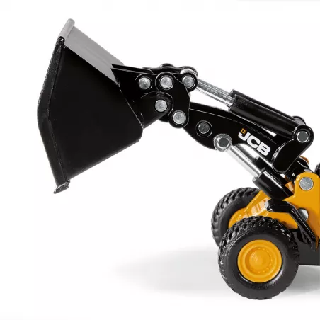 Cargadora de ruedas JCB 457 WLS de juguete en metal y plástico con pala móvil y cargador frontal elevable.