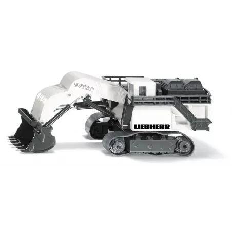 Excavadora de juguete Liebherr R9800 de metal con pala y brazo móviles y chasis de orugas.