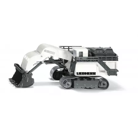 Excavadora de juguete Liebherr R9800 de metal con pala y brazo móviles y chasis de orugas.