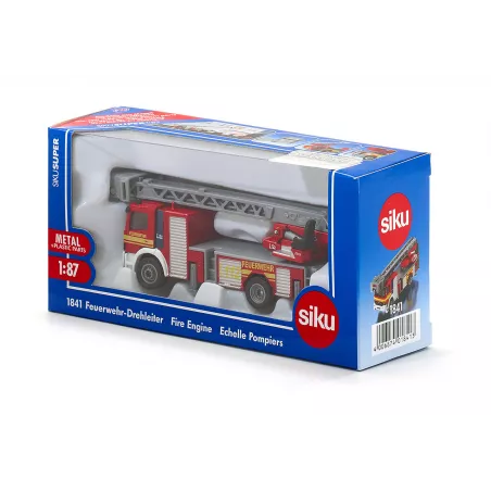 Camión de bomberos de juguete a escala 1:87 en metal y plástico con pies de apoyo detallados.