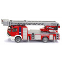 Camión de bomberos de juguete a escala 1:87 en metal y plástico con pies de apoyo detallados.