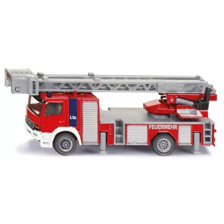 Camión de bomberos de juguete a escala 1:87 en metal y plástico con pies de apoyo detallados.