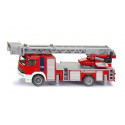 Camión de bomberos de juguete a escala 1:87 en metal y plástico con pies de apoyo detallados.