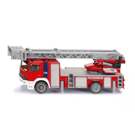 Camión de bomberos de juguete a escala 1:87 en metal y plástico con pies de apoyo detallados.