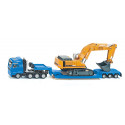 Excavadora de juguete Liebherr a escala 1:87 con chasis de orugas, pala y brazo móvil de metal y plástico.
