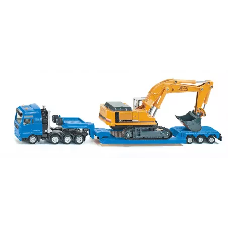 Excavadora de juguete Liebherr a escala 1:87 con chasis de orugas, pala y brazo móvil de metal y plástico.