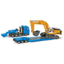 Excavadora de juguete Liebherr a escala 1:87 con chasis de orugas, pala y brazo móvil de metal y plástico.