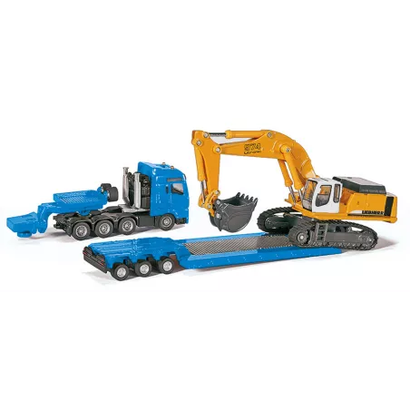 Excavadora de juguete Liebherr a escala 1:87 con chasis de orugas, pala y brazo móvil de metal y plástico.