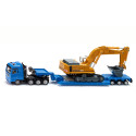 Excavadora de juguete Liebherr a escala 1:87 con chasis de orugas, pala y brazo móvil de metal y plástico.