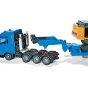 Excavadora de juguete Liebherr a escala 1:87 con chasis de orugas, pala y brazo móvil de metal y plástico.