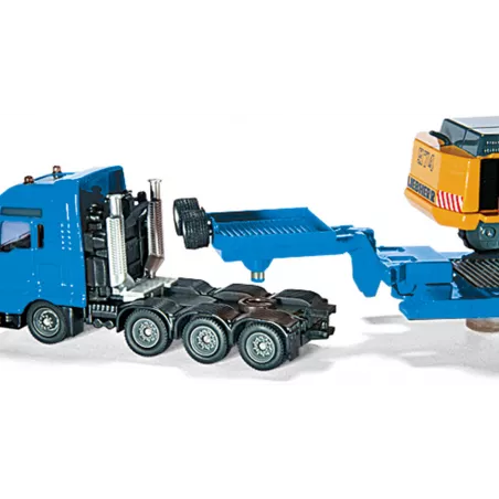 Excavadora de juguete Liebherr a escala 1:87 con chasis de orugas, pala y brazo móvil de metal y plástico.