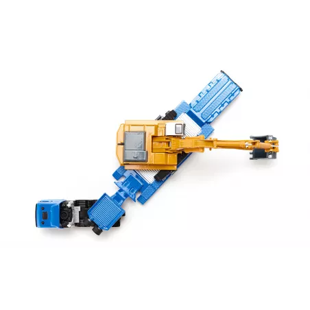 Excavadora de juguete Liebherr a escala 1:87 con chasis de orugas, pala y brazo móvil de metal y plástico.
