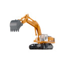 Excavadora de juguete Liebherr a escala 1:87 con chasis de orugas, pala y brazo móvil de metal y plástico.