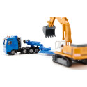 Excavadora de juguete Liebherr a escala 1:87 con chasis de orugas, pala y brazo móvil de metal y plástico.