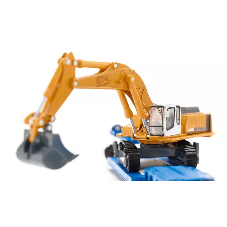Excavadora de juguete Liebherr a escala 1:87 con chasis de orugas, pala y brazo móvil de metal y plástico.