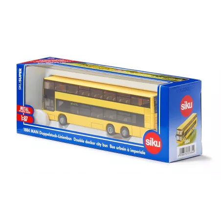 Autobús de dos pisos MAN a escala 1:87, juguete miniatura de metal y plástico detallado.