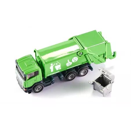 Camión de basura de juguete a escala 1:87 en metal y plástico con tolva inclinable.