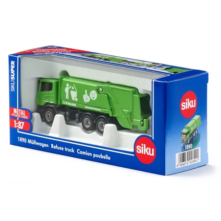Camión de basura de juguete a escala 1:87 en metal y plástico con tolva inclinable.