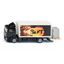 Camión de juguete MAN Sixt escala 1:50 con plataforma elevadora funcional, palet y caja de rejilla.