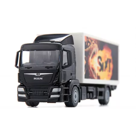 Camión de juguete MAN Sixt escala 1:50 con plataforma elevadora funcional, palet y caja de rejilla.