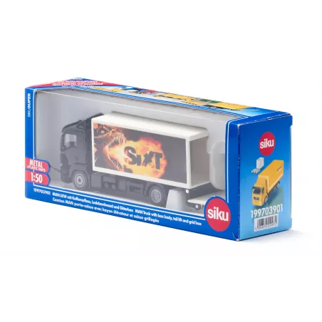 Camión de juguete MAN Sixt escala 1:50 con plataforma elevadora funcional, palet y caja de rejilla.