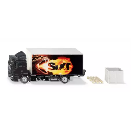 Camión de juguete MAN Sixt escala 1:50 con plataforma elevadora funcional, palet y caja de rejilla.