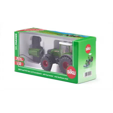 Tractor de juguete Fendt 942 Vario con segadora frontal a escala 1:50 fabricado en metal y plástico.