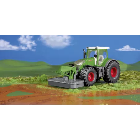 Tractor de juguete Fendt 942 Vario con segadora frontal a escala 1:50 fabricado en metal y plástico.