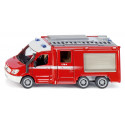 Camión de bomberos de juguete Mercedes-Benz Sprinter Siku con puertas y compartimentos funcionales.