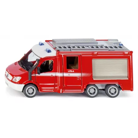 Camión de bomberos de juguete Mercedes-Benz Sprinter Siku con puertas y compartimentos funcionales.