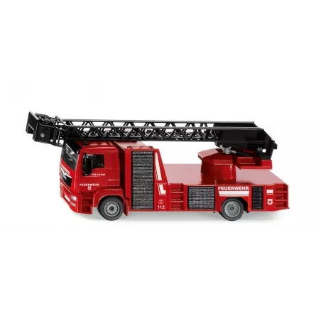 Camión de bomberos de juguete MAN SIKU escala 1:50 con escalera telescópica giratoria.