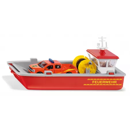 Barco de bomberos de juguete Siku escala 1:50 con camioneta Ford F150 de rescate.