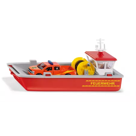 Barco de bomberos de juguete Siku escala 1:50 con camioneta Ford F150 de rescate.