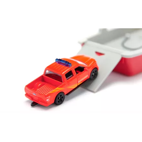 Barco de bomberos de juguete Siku escala 1:50 con camioneta Ford F150 de rescate.