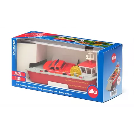 Barco de bomberos de juguete Siku escala 1:50 con camioneta Ford F150 de rescate.