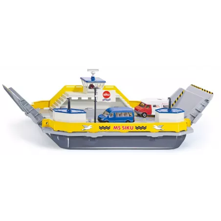 Ferry de juguete Siku a escala 1:50 con rampas móviles y coches de juguete cargados.