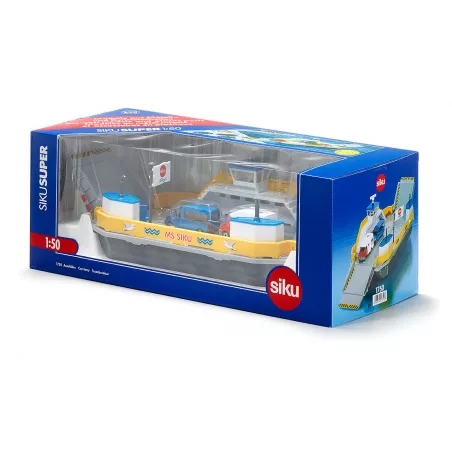Ferry de juguete Siku a escala 1:50 con rampas móviles y coches de juguete cargados.