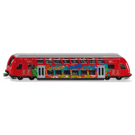 Tren de dos pisos SIKU escala 1:87 de metal y plástico con grafitis detallados para juego y coleccionismo.